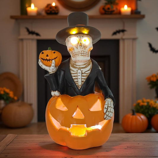 Halloween Solar Skeleton Pumpkin Lights Decor, Led Jack-O-Lantern Pumpkin Skulls Statue Figurine Light for Outside Garden Yard Porch Halloween Party & Home Indoor Outdoor Decorations
