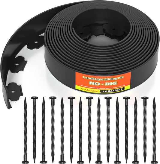 33FT No-Dig Landscape Edging, Heavy Duty 2 Inch Tall Plastic Garden Border with 30 Anchoring Spikes (Black)