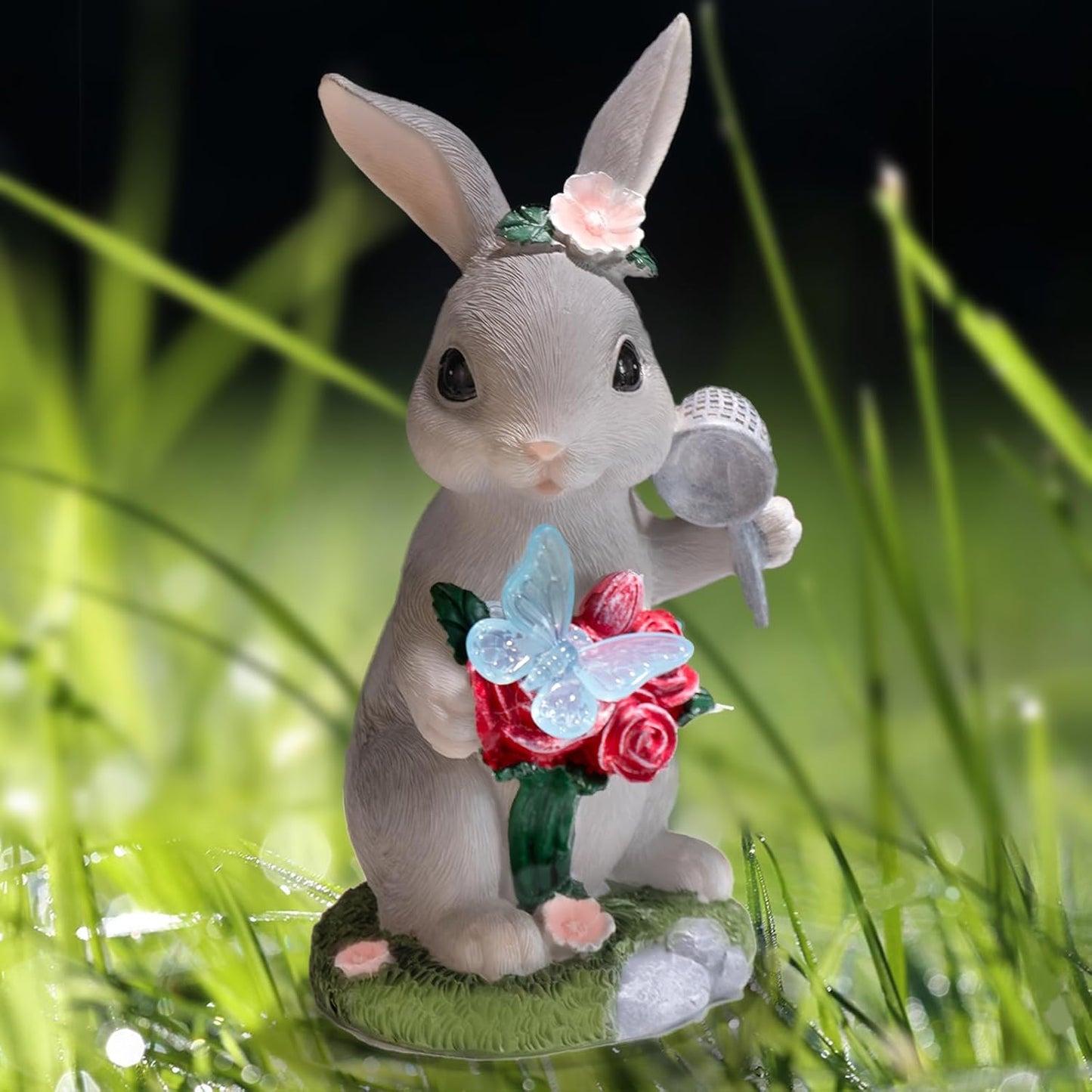 Garden Statues Rabbit with Solar Light,Bunny Outdoor Garden Decor Ornaments for Patio Yard Art,Birthday Easter House Warming Garden Gift for Women Mom,Resin Animal Figurine with Wider Base