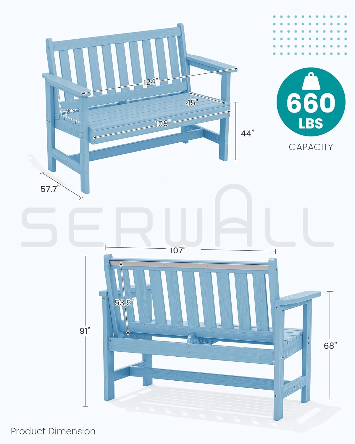 SERWALL Outdoor Bench, HDPE Outdoor Benches Weatherproof, 2-Person Garden Bench with 660 lbs Weight Capacity, Patio Benches for Outdoors, Garden, Porch, Backyard and Park, Light Blue, 6 Pack