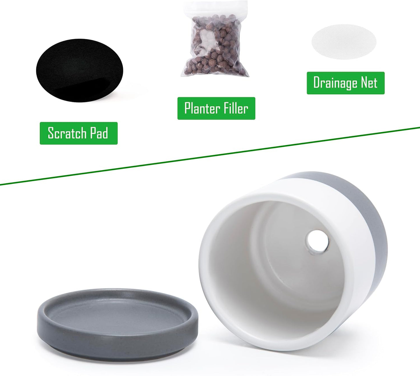 D'vine Dev 3.5 Inch Ceramic Planter Pot with Drainage Hole and Saucer, Indoor Cylinder Round Planter Pot, White/Speckled Grey, 94-O-A-6