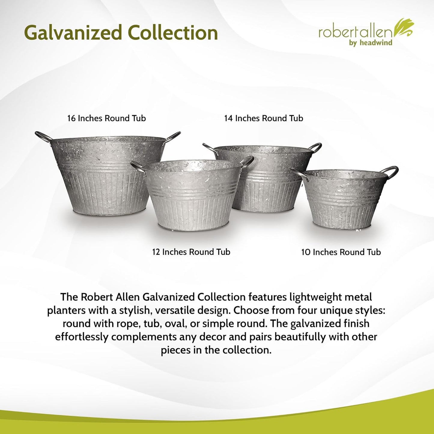 Headwind Round Galvanized Tub Planter with Handles – 10 Inch Lightweight Metal Planter with Drainage Hole – Galvanized Steel Tub for Plants - Metal Flower Pot by Robert Allen