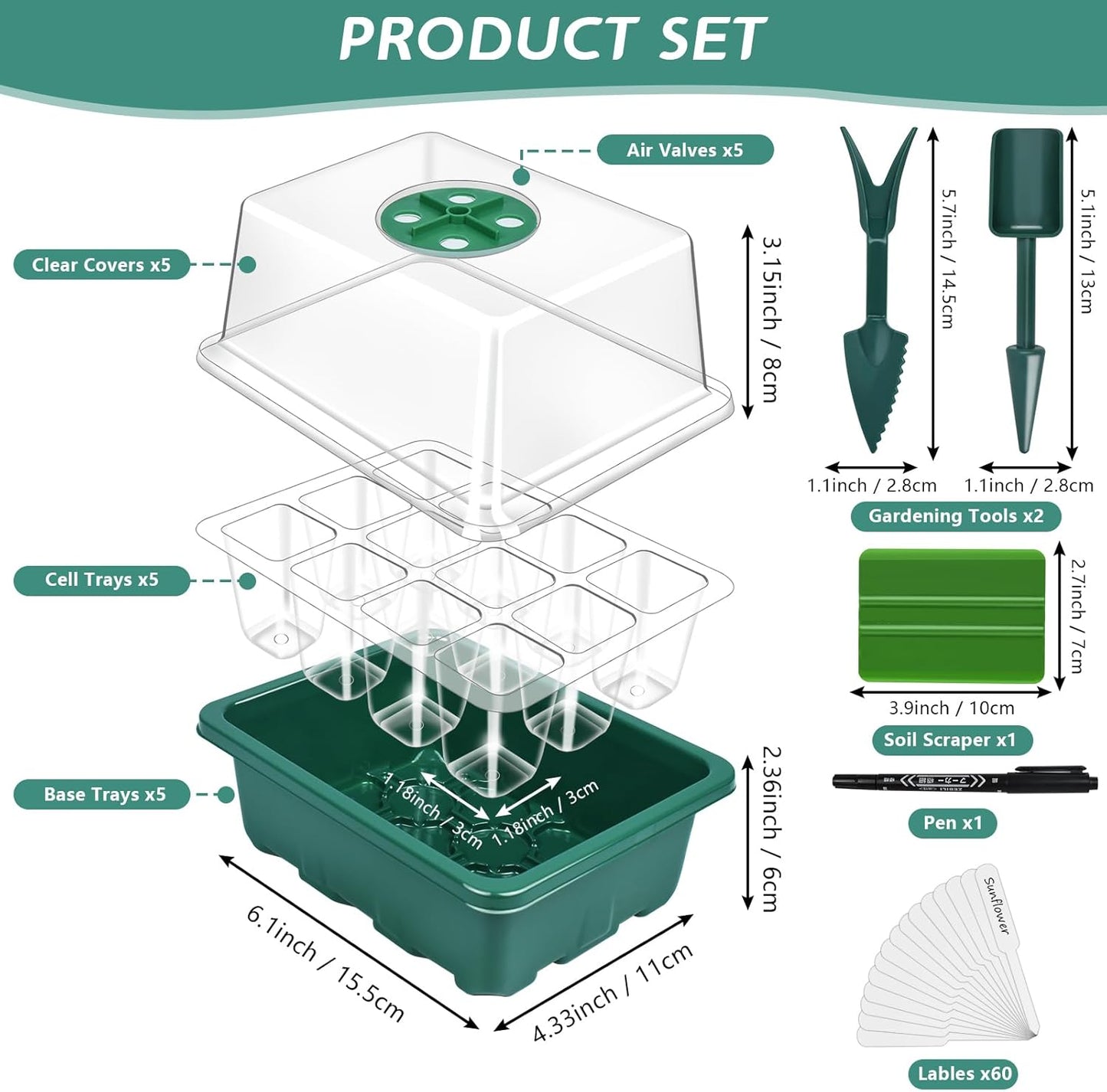Artcome 5-Pack Seed Starter Tray, 12 Cells Each with Push-Up Ejector - Seed Starter Kit for Rapid Growth and Healthy Seedlings at Home - 60 Cells in Total