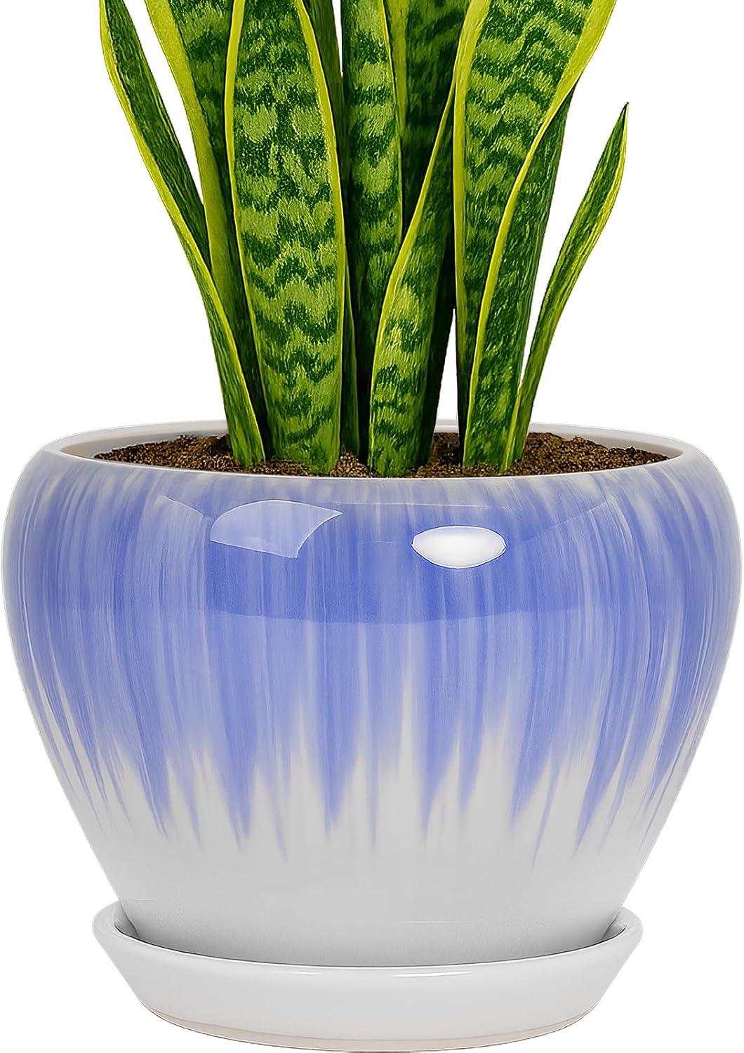 Deep Dream 8 Inch Plant Pots- Ceramic Pots for Plants with Drainage Hole and Saucer, Large Planter Pot for Indoor Plants Outdoor Decor, White&Blue