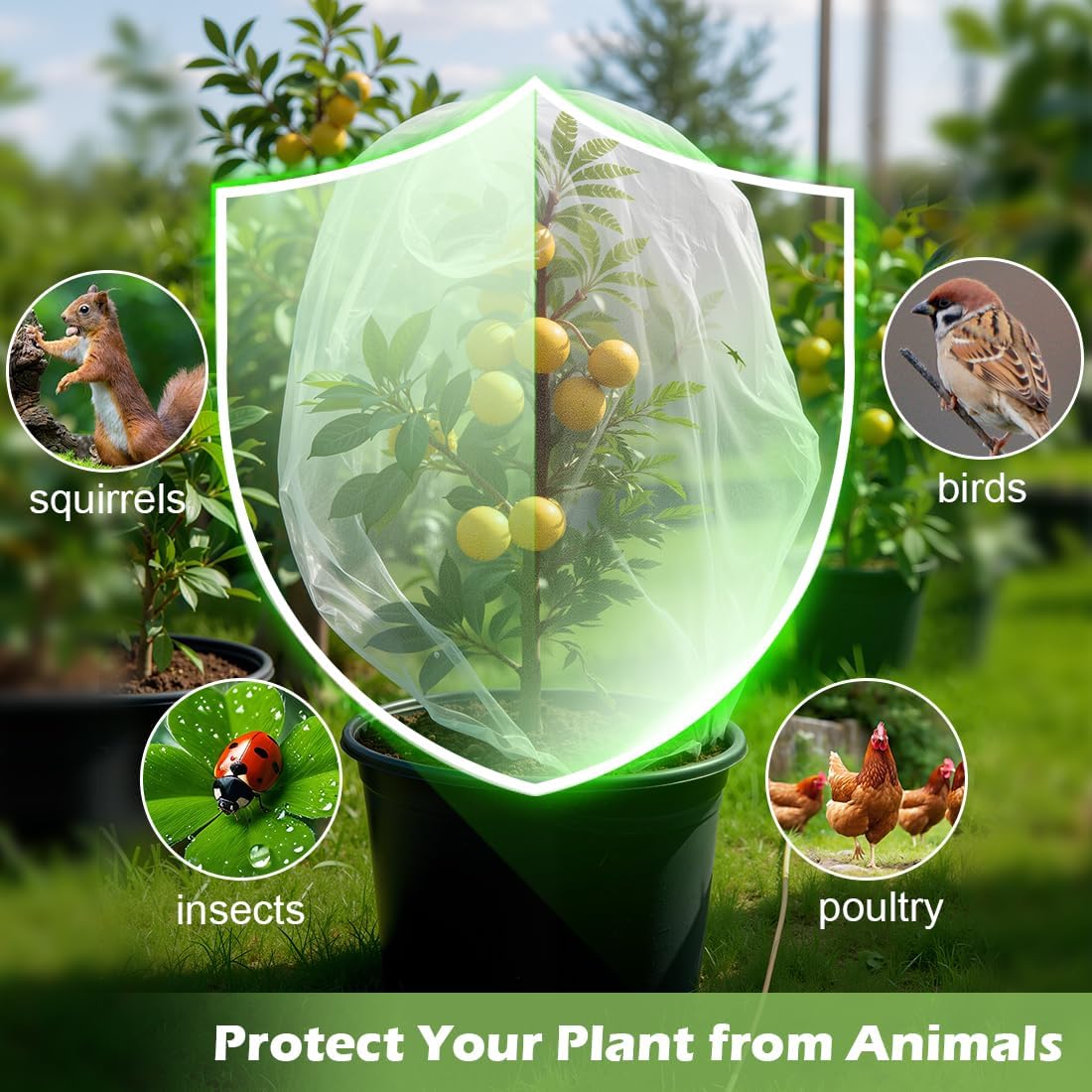 12-Inch Reusable Nursery Pots with Durable Bird Netting Covers for Outdoor/Indoor Plants, 5-Gallon Garden Pots & Bird Netting for Garden Protection Bundle, Gardening Gifts for Women (5-Pack)