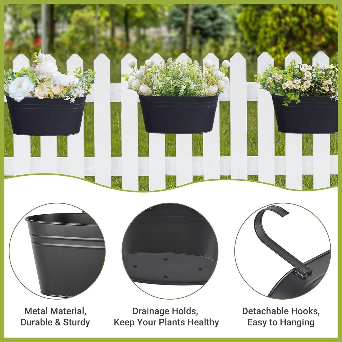 Dahey Metal Iron Hanging Flower Pots for Railing Fence Hanging Bucket Pots Countryside Style Window Flower Plant Holder with Detachable Hooks Home Decor,Black,3 Pcs