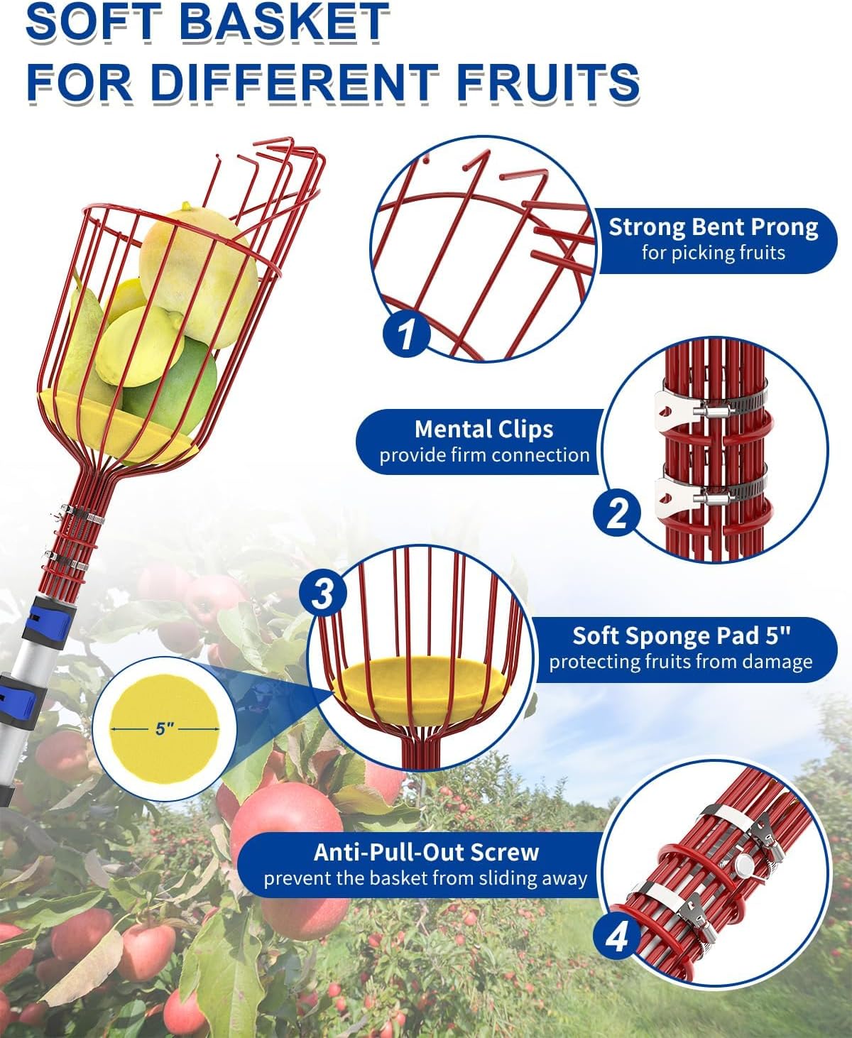 26FT Reach Fruit Picker, 5-20 Foot Sturdy Aluminum Telescoping Fruit Picker Extension Pole with Metal Twist-on Basket, Suit for Apple Pear Lemon Mango Guava Orange Avocados Tree Fruit Picking