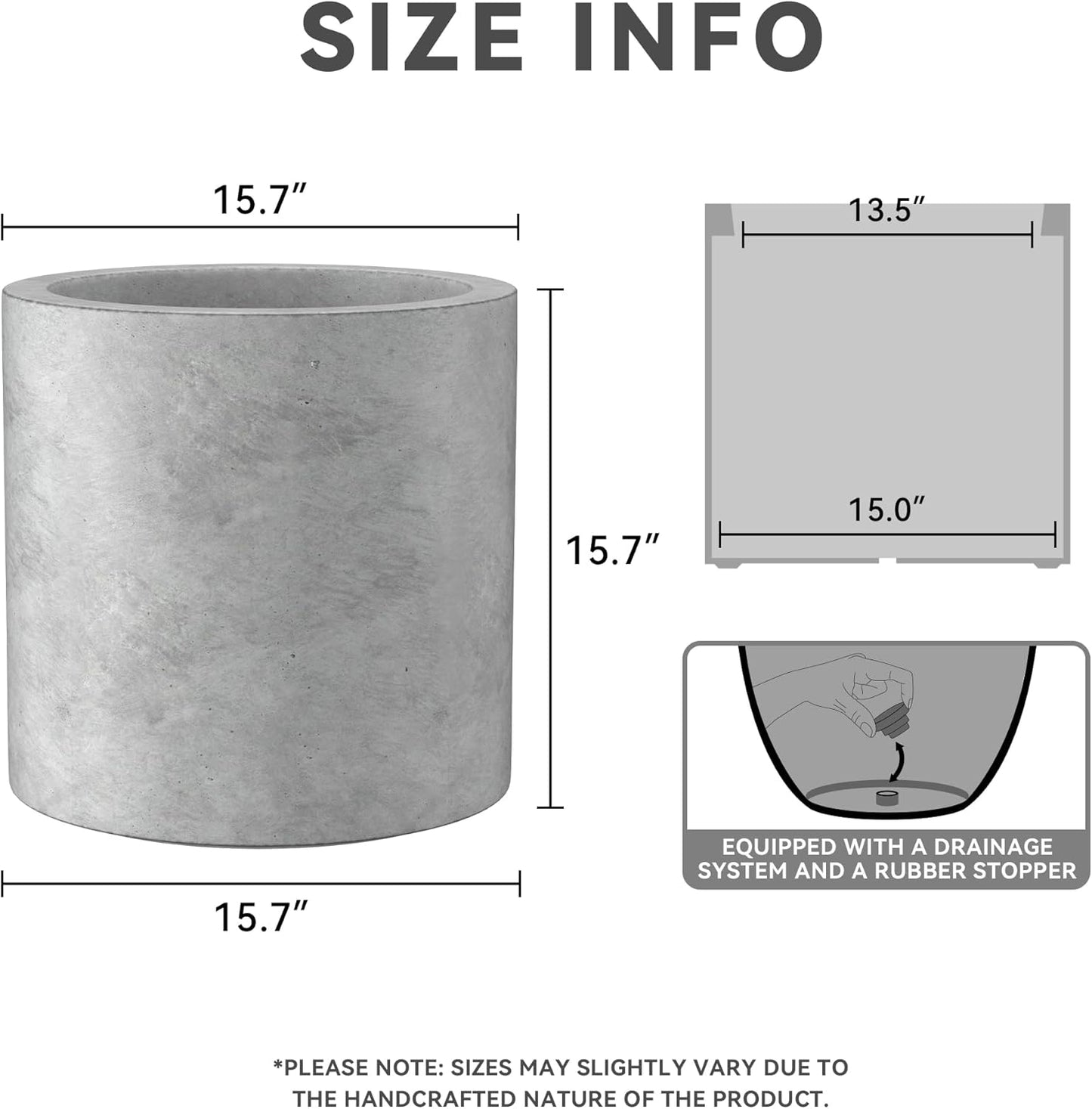 Kante 15.7" Dia Round Concrete Planter, Modern Style Large Cylindrical Plant Pot with Drainage Hole and Rubber Plug for Indoor Outdoor Patio, Natural Concrete