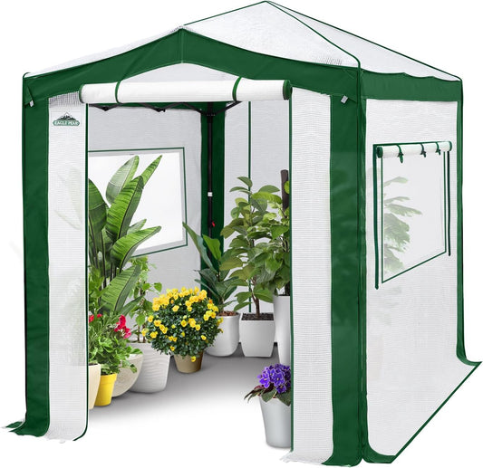 EAGLE PEAK 8x6 Portable Walk in Greenhouse with Polyester Reinforced Corners, Instant Pop Up Indoor Outdoor Gardening Green House, Roll Up Zipper Entry Doors and Mesh Windows, Green/White