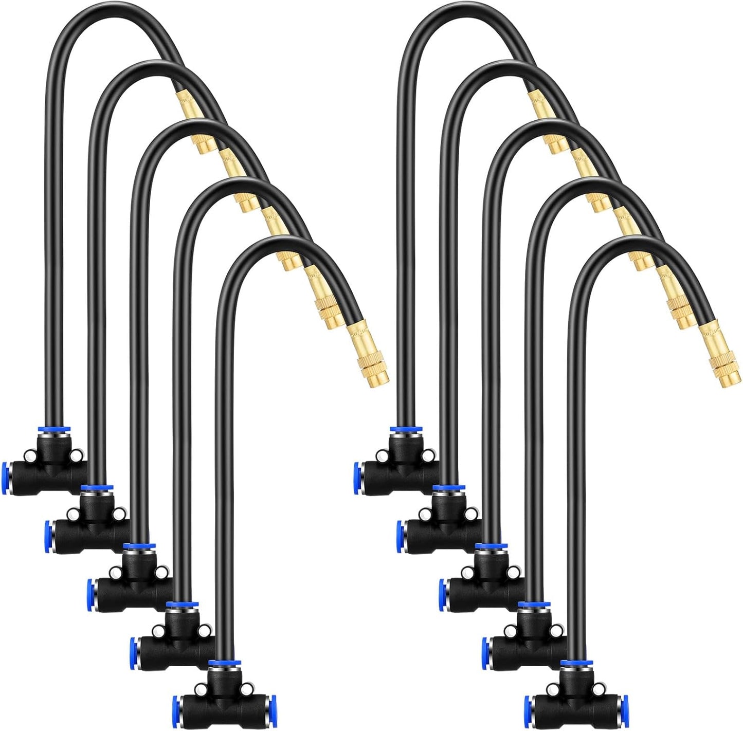 Zonon 10 Pcs Brass Misting Nozzles Tee with 16 Inch Built in Hose 360 Degree Rotation Adjustable Water Mister Nozzles Thread Sprayer 0.043" Misting Parts and Accessories for Patio Outdoor Cooling