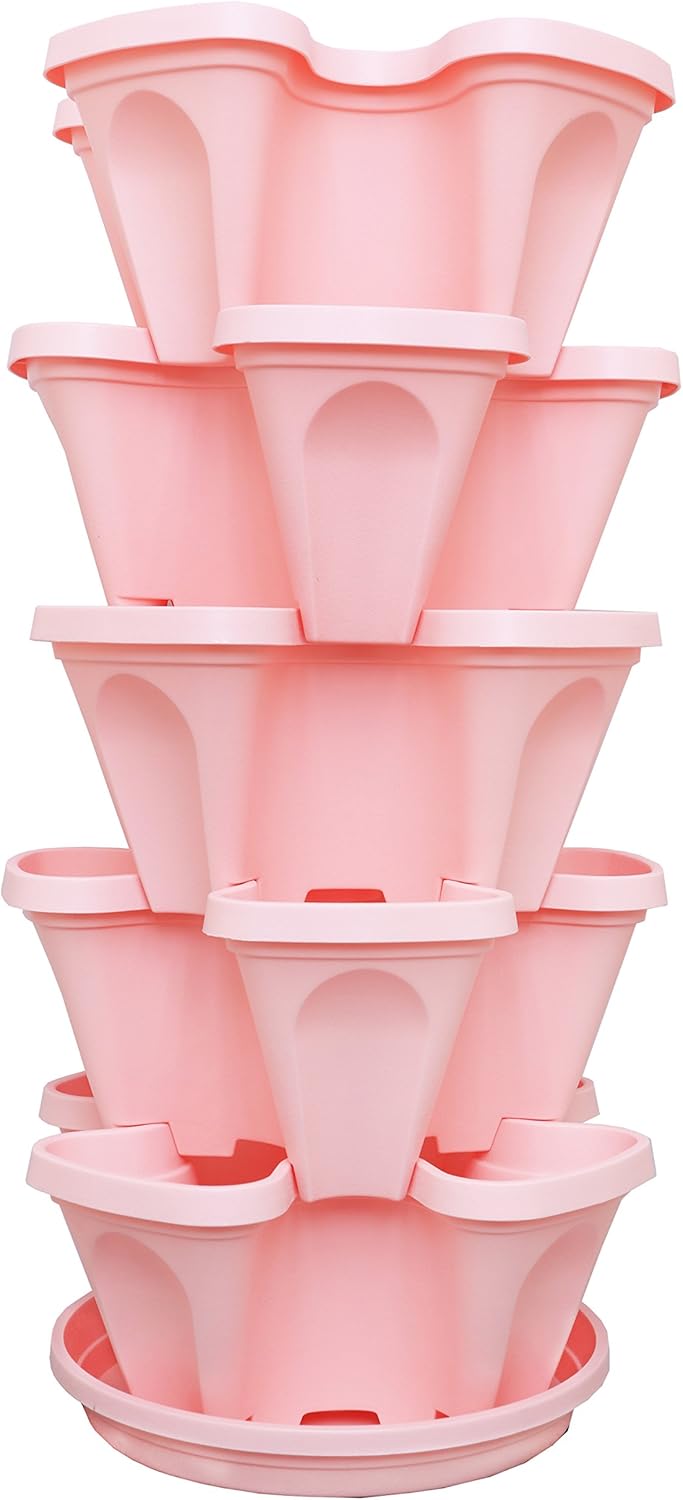 5-Tier Pink Strawberry and Herb Garden Planter - Stackable Gardening Pots with 10 Inch Saucer