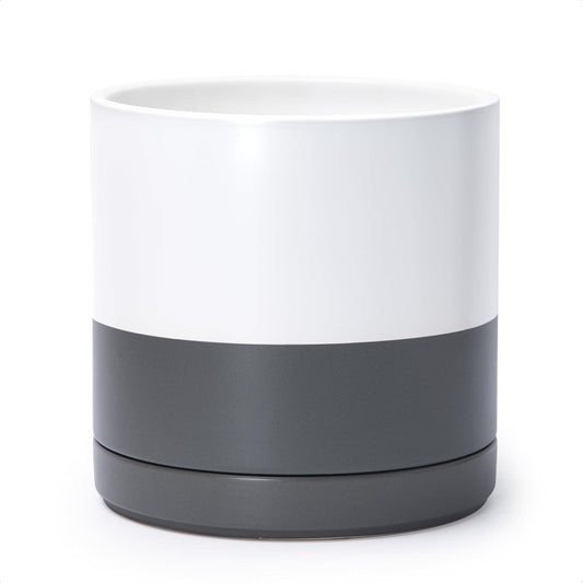 D'vine Dev 10 Inch Ceramic Planter Pot with Drainage Hole and Saucer, Indoor Cylinder Round Planter Pot, White/Speckled Grey, 94-O-E-6