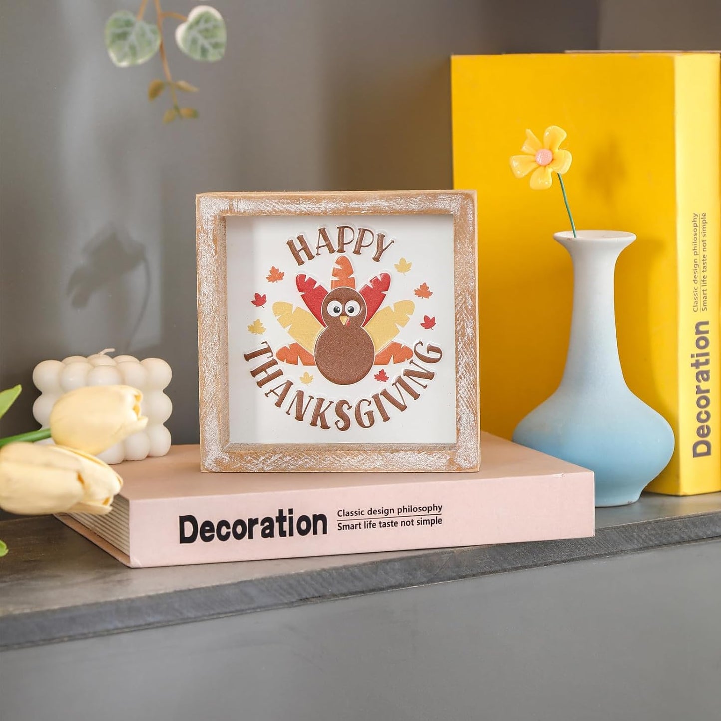 Embossed Happy Thanksgiving Sign, Thanksgiving Decorations for Table Cubicle Desk Mantel Fireplace, Vintage Autumn Decor Indoor Wooden Turkey Sign