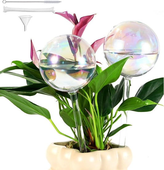 Extra Large Plant Watering Globes 2PCS, 13 oz Up to 15 Days Light Iridescent Glass Self Water Bulbs for Indoor Outdoor Plants, Vacation Automatic Planter Waterer System Self-Watering Stakes