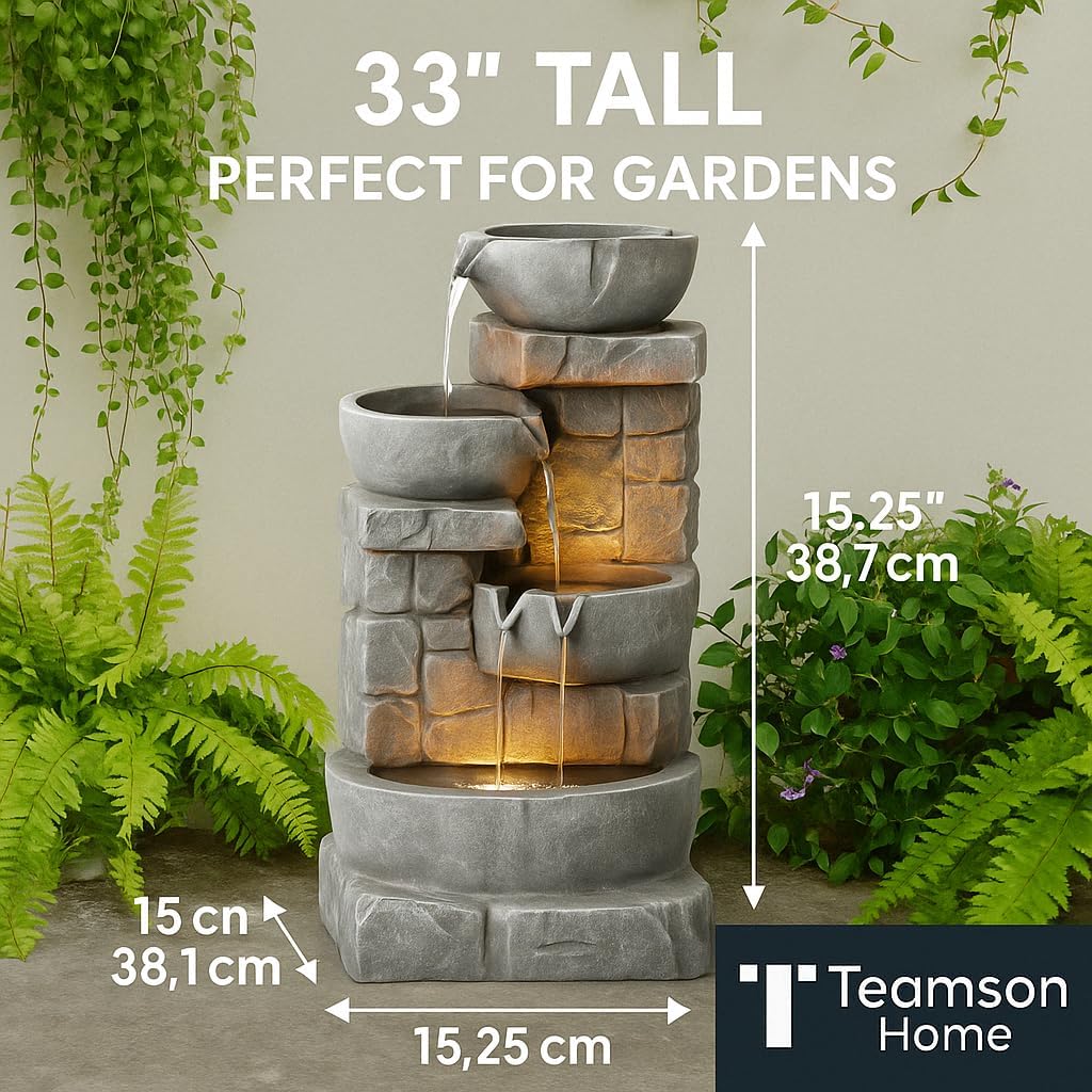 Teamson Home 33" Outdoor Water Fountain with LED Lights, 3-Tier Cascading Bowls, Weather-Resistant Resin Garden Water Feature for Patio, Lawn, and Backyard Decor – Stone Gray