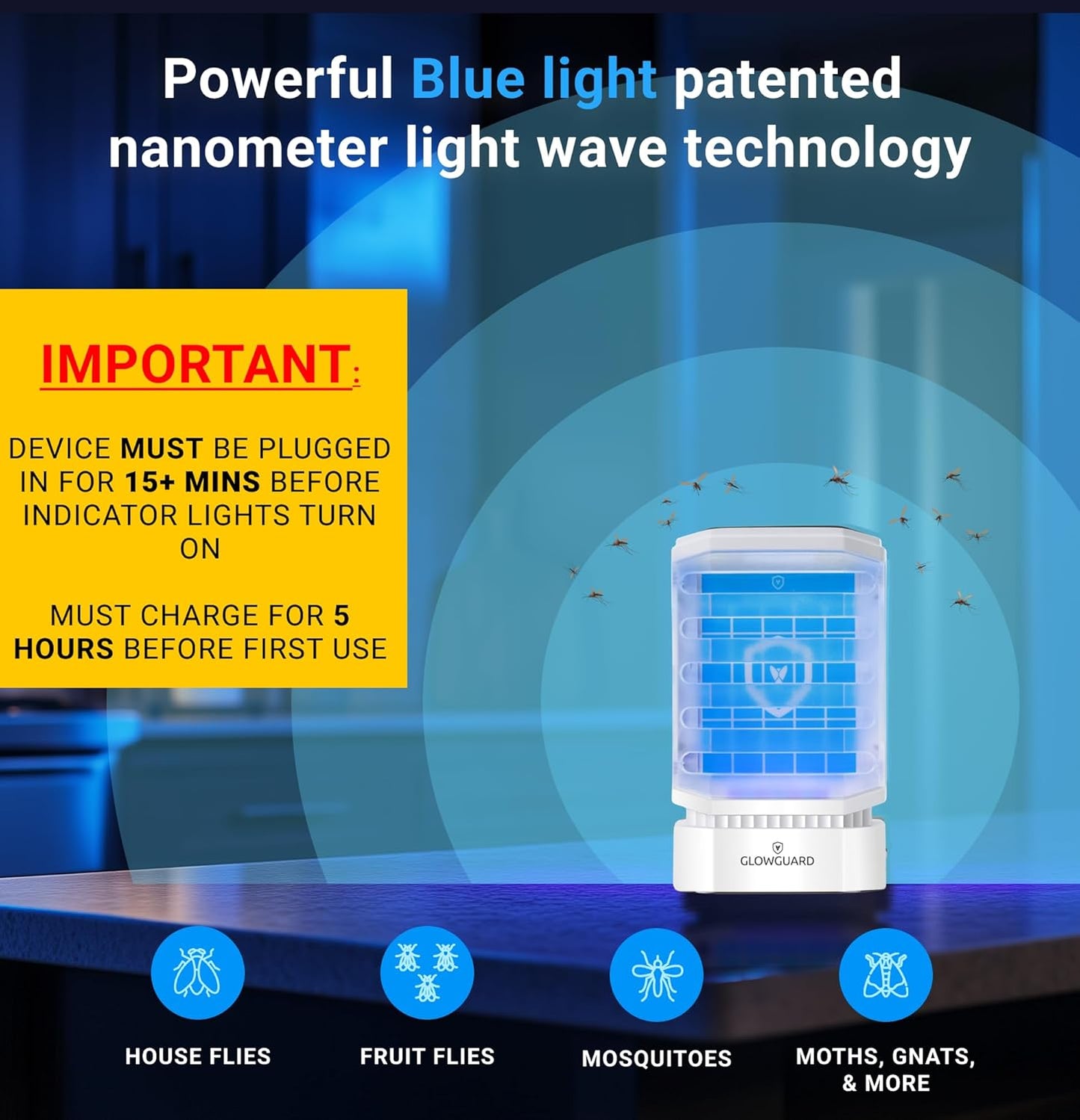 GlowGuard Cordless Flying Insect Trap Catches Fruit Flies, Indoor Gnat Killer, Magnet for Moths & Mosquitos in Dark, 1 Rechargeable Bug Trap + 4 Dual-Sided Sticky Pad Refills, 30hr Battery (White)