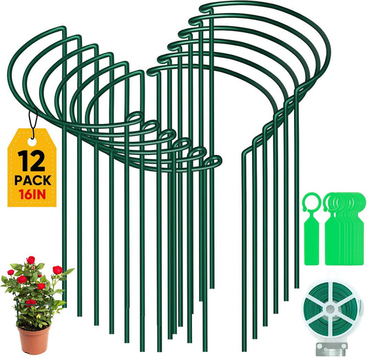 12 Pack Plant Support Stakes, Metal Peonies Cages and Supports, Peony Cage, Plant Support Ring, Garden Plant Support for Ourdoor Plants, Rose, Peony,Tomato, Hydrangea Vine Plant 10" W x 16" H