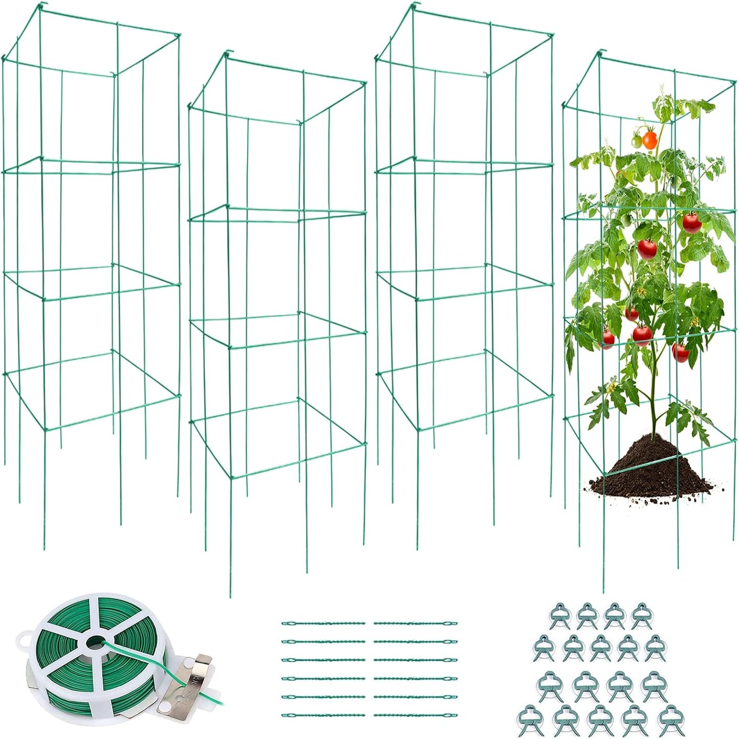 DoCred 4 Pack Tomato Cage, Folding Tomato Cage Heavy Duty Metal Square Tomato Cages Coated Steel Garden Plant Support Stake Tower for Climbing Vegetables, Plants, Flowers, Steel Green