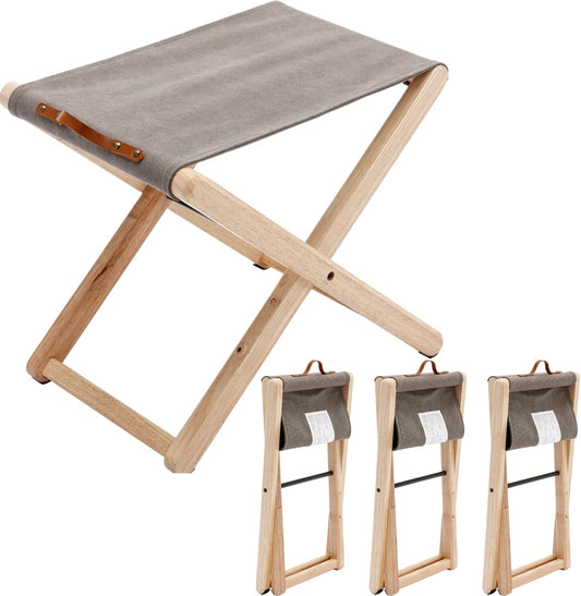 Folding Canvas Camp Stools Set of 4, Wood Folding Camping Stool Patio Portable Foot Stool for Garden Outdoor Fishing Picnic Travel BBQ, Grey