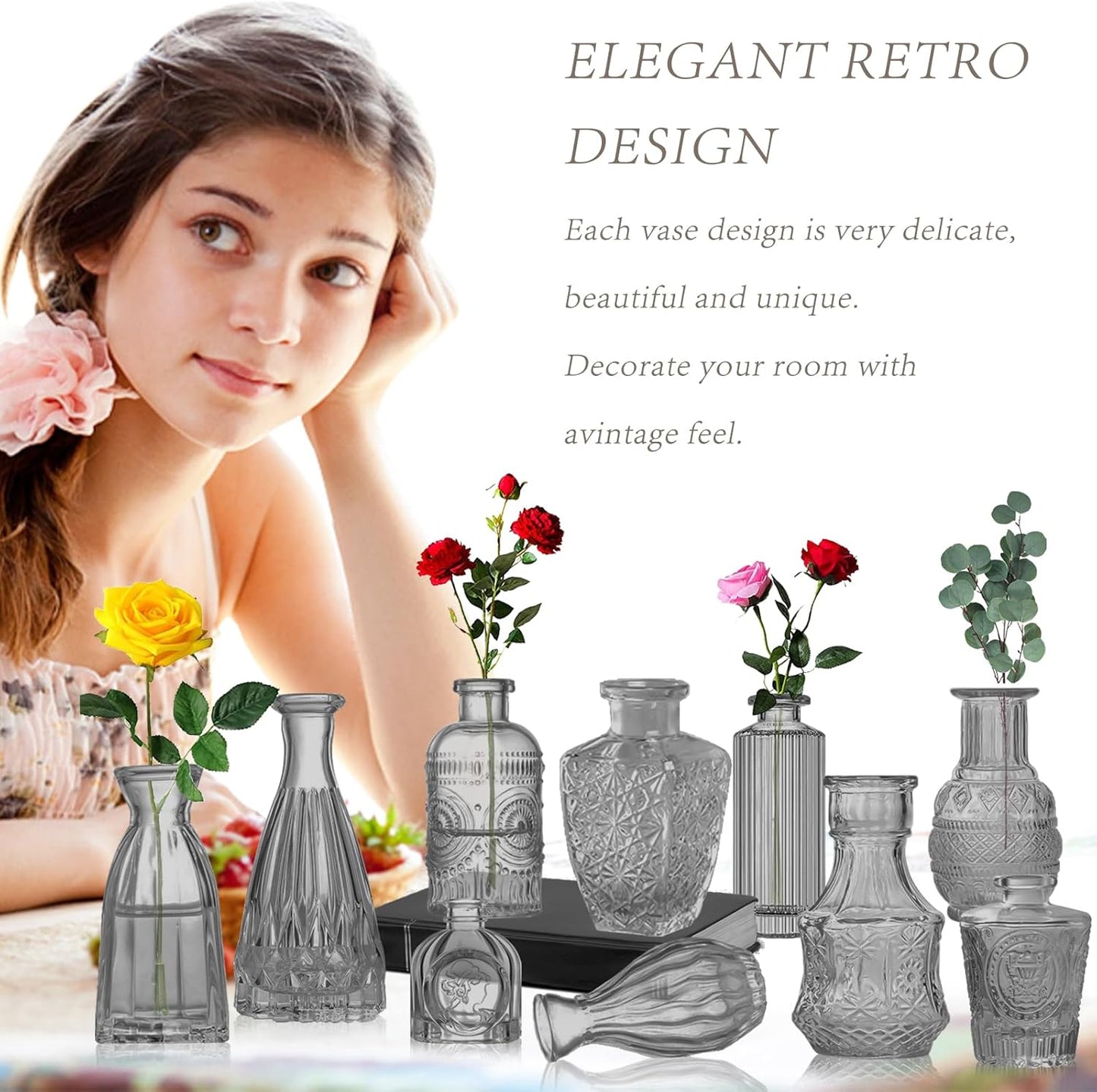 Dark Gray Bud Vases Set, 24 Pcs Vintage Small Vases for Flowers, Clear Crystal Mini Glasses in Bulk, Small Flower Design for Centerpieces Wedding Home Flower Party Decor