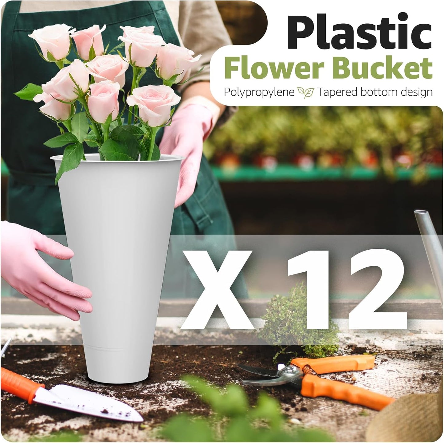 Flower Display Stand 3 Layers with 12 PCS Round Buckets, Plant Stand with Wheels, Movable Metal Plant Stand for Terrace Garden, Florist Shop (Gold Frame, White Buckets, 3-Tier, 12 Buckets)