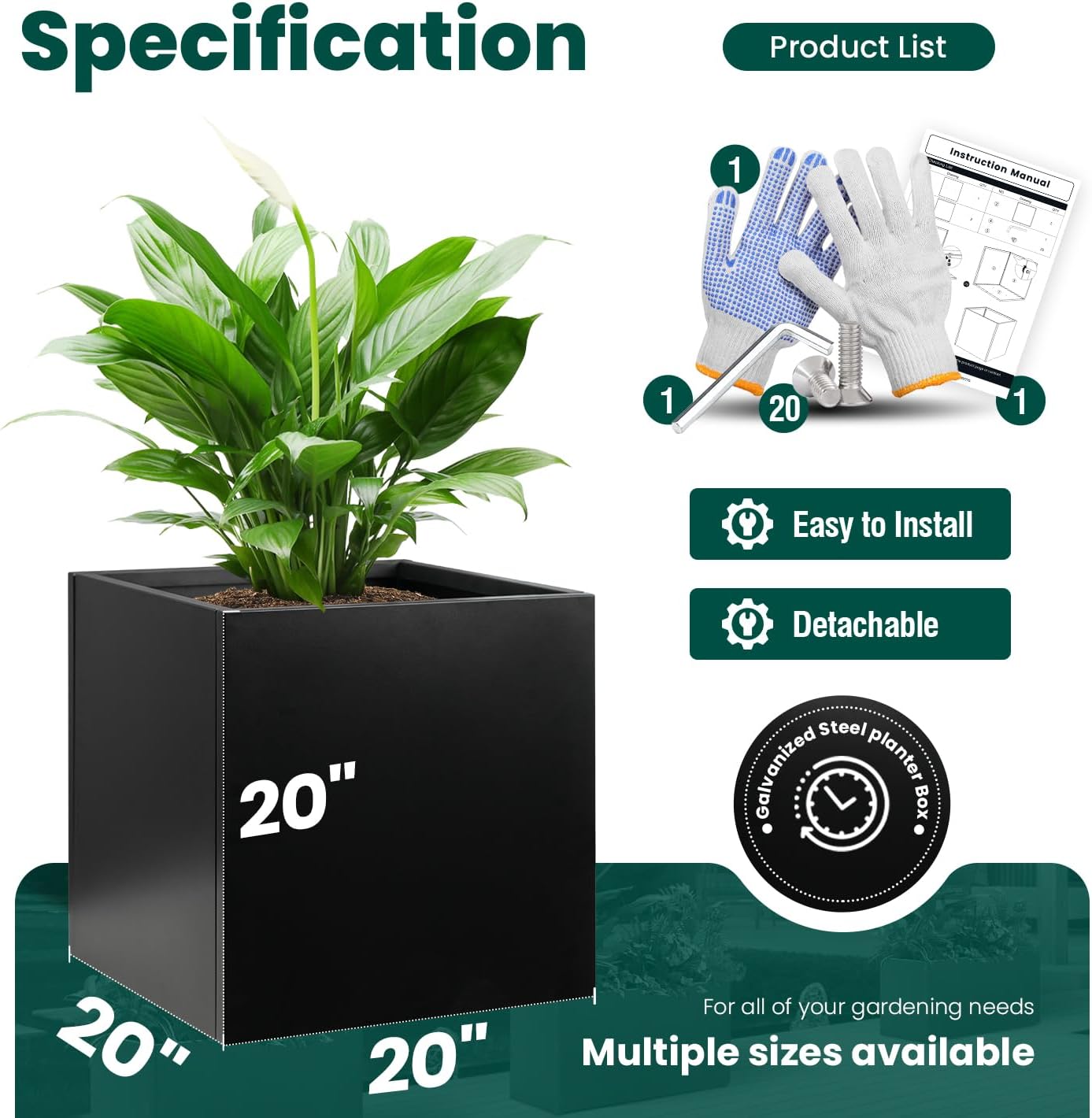 Galvanized Steel Planter Box Black Metal Planter Large Square Indoor Outdoor Planters Cube Steel Heavy Duty Flower Pot 20Inch Powder Coating Modern Commercial Residential for Patio, Deck, Yard, Garden