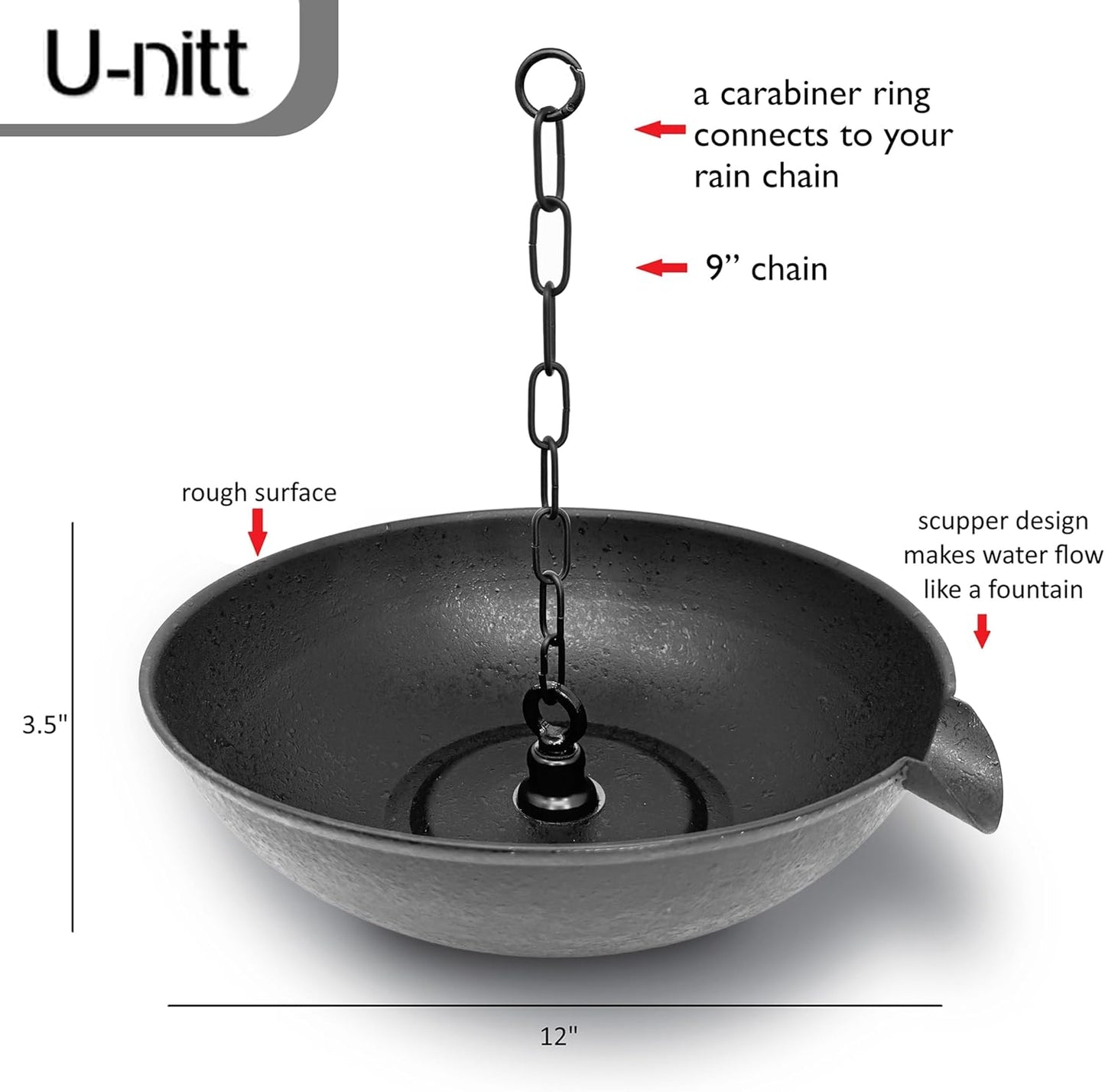 12" Spill Bowl Catch Basin for Rain Chain Anchoring & Stake | Rainwater Collection for Roof Gutter Downspout | Good For Water Fountain & Birdbath | Black | Works with Rainchain | Handles Heavy Rain