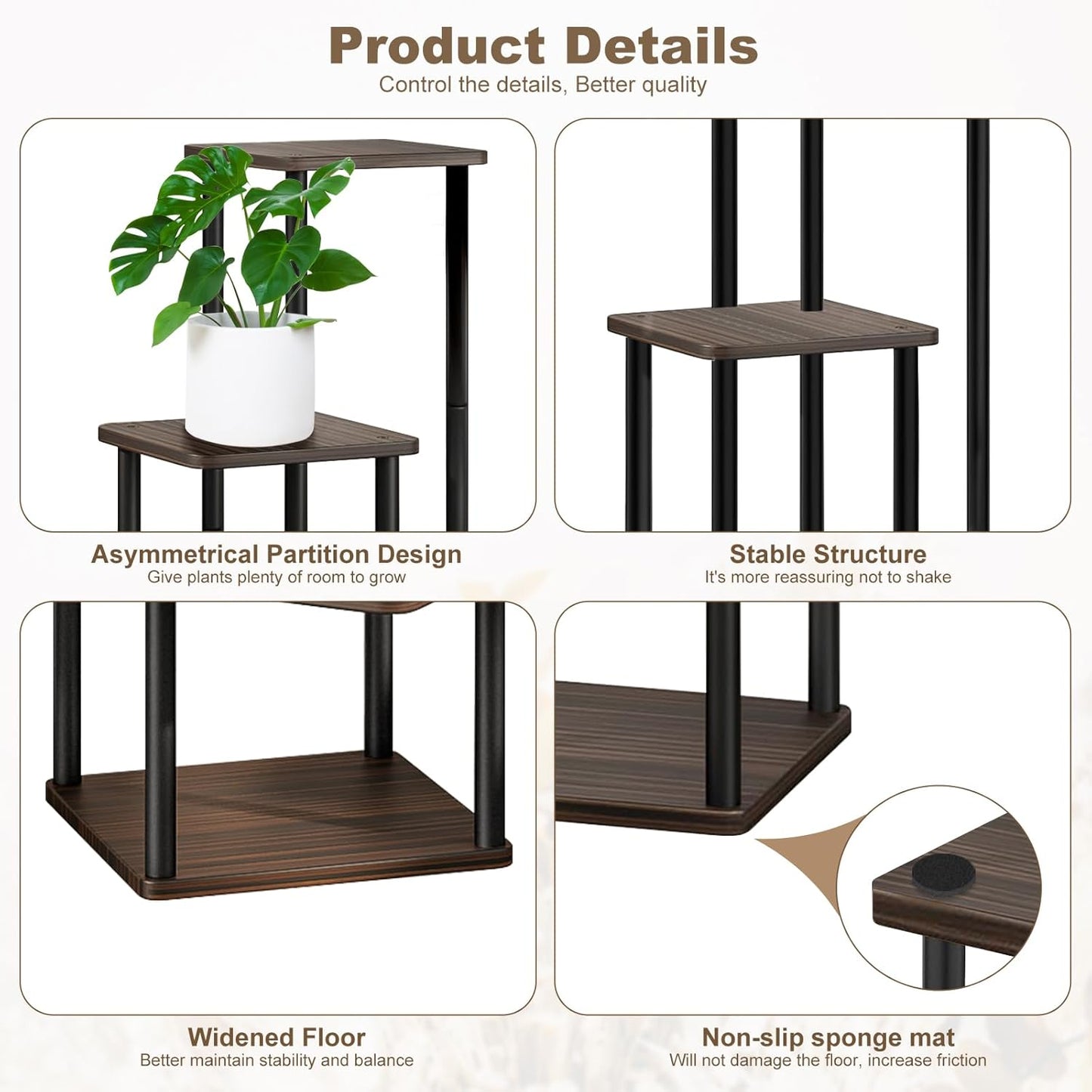 4 Tier Wood Tall Plant Stand Metal Rack Indoor, Multiple Flower Pot Holder Shelves Corner Rack, Planter Shelf Display Rack Storage Organizer for Patio Living Room Balcony Garden(Black Oak)