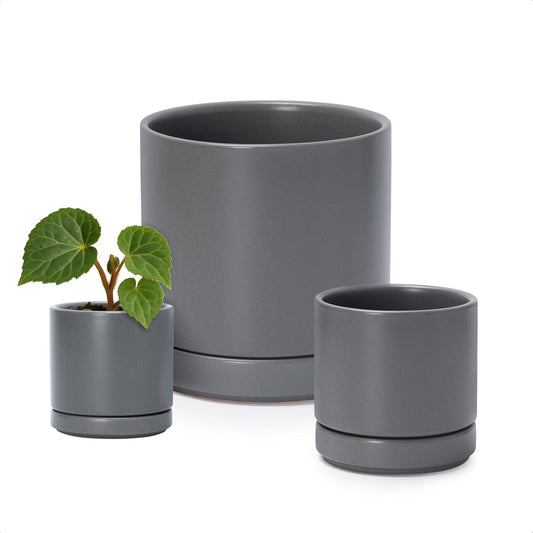 D'vine Dev 3 Inch & 4 Inch & 6 Inch, Set of 3 Round Ceramic Planter Pot with Drainage Hole and Saucer, Grey, 94-T-S-3