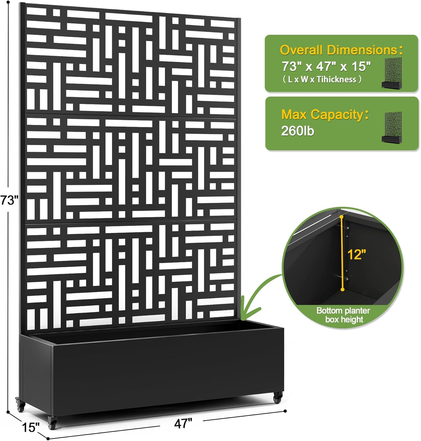 FENCY Metal Raised Garden Bed with Wheels and Trellis,73"x47"x16" Planter Box for Climbing Plants, Vegetables & Vines, Features Privacy Screen and Drainage Holes (Black-Geometric Lattice)