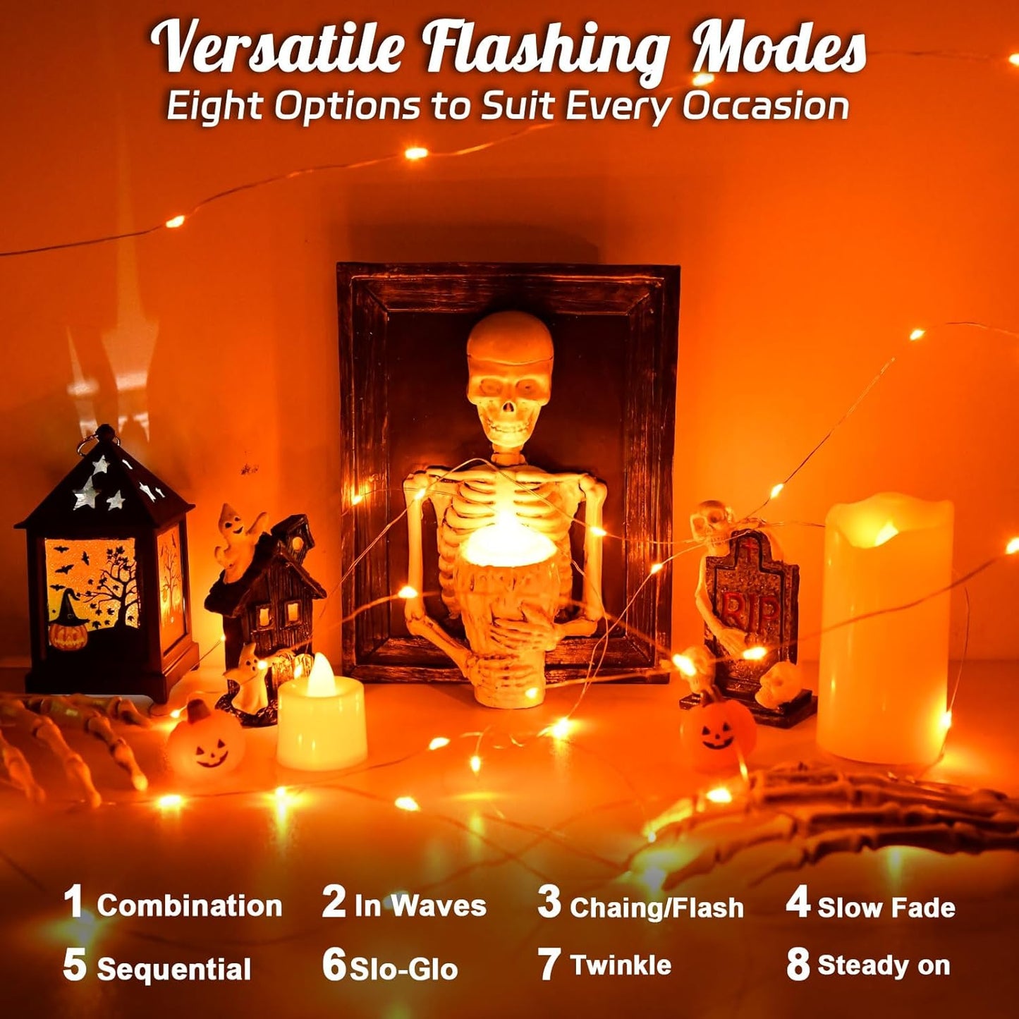 Halloween String Lights Outdoor Waterproof, Solar Fairy Lights 16.4ft 50LED 8 Modes Orange Halloween Lights for Yard Outside Pathway Patio Party Backyard Decorations