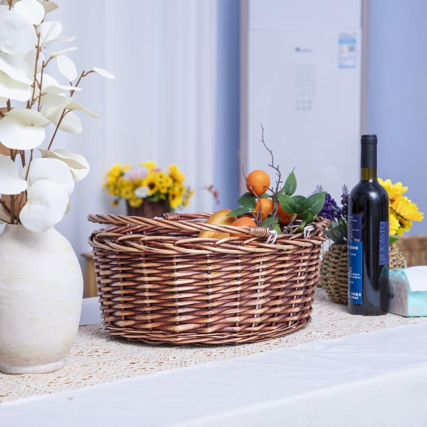 JJSQ Wicker Picnic Basket with Folding Handles Wicker Hand Woven Baskets for Storage, Garden Harvest, Easter, Empty Gift Basket, Brown, Large 17" x 13" x 7"