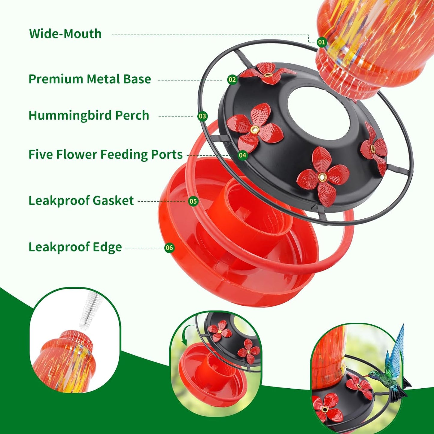 45 Ounce Hummingbird Feeders for Outdoors Hanging Ant and Bee Proof, Unique Hand Blown Glass Hummingbird Nectar Feeder, Gifts for Garden Decor Backyard, Red Feather