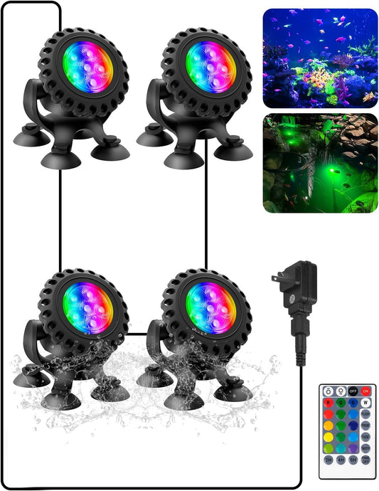 T-SUN Colored Pond Lights with Timer,LED Underwater Pond Light Submersible Fountain Lights for Fish Tank Landscape Spotlight-Remote Control, IP68 Waterproof, Aquarium, Yard (4 Heads)