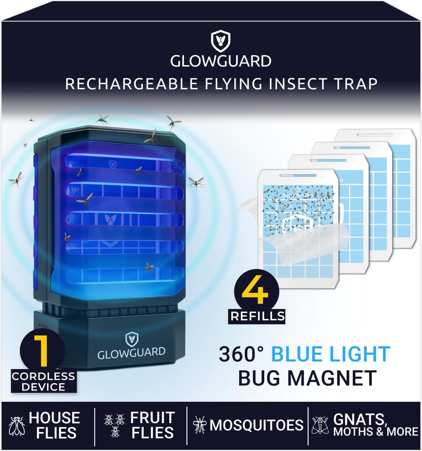 GlowGuard Cordless Flying Insect Trap Catches Fruit Flies, Indoor Gnat Killer, Magnet for Moths & Mosquitos in Dark, 1 Rechargeable Trap + 4 Dual-Sided Sticky Pad Refills, 30Hr 5000mAh Battery (Black)