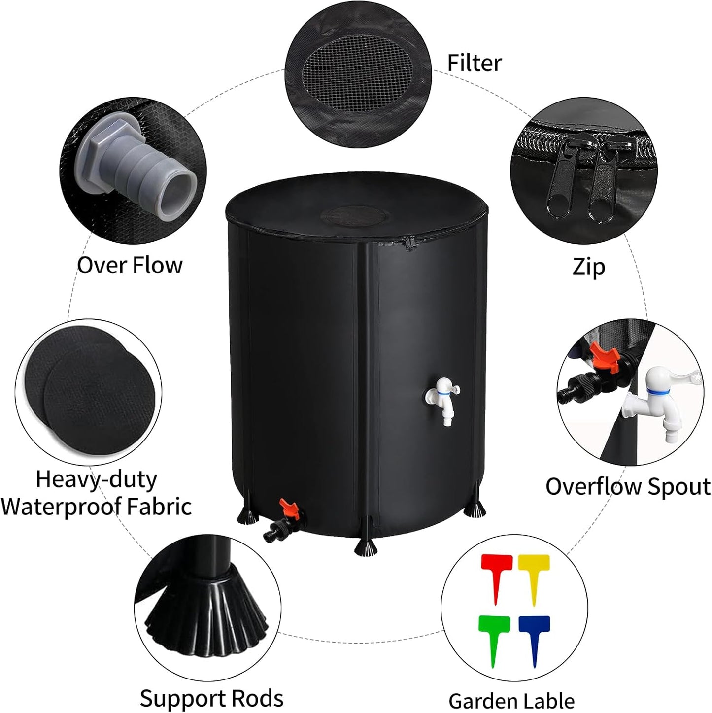 50 Gallon Collapsible Rain Barrel, Portable Rainwater Collection System, Water Storage Tank, Rain Catcher Barrel with Two Spigots and Overflow Kit, Rain Water Barrel Collector for Garden, Black
