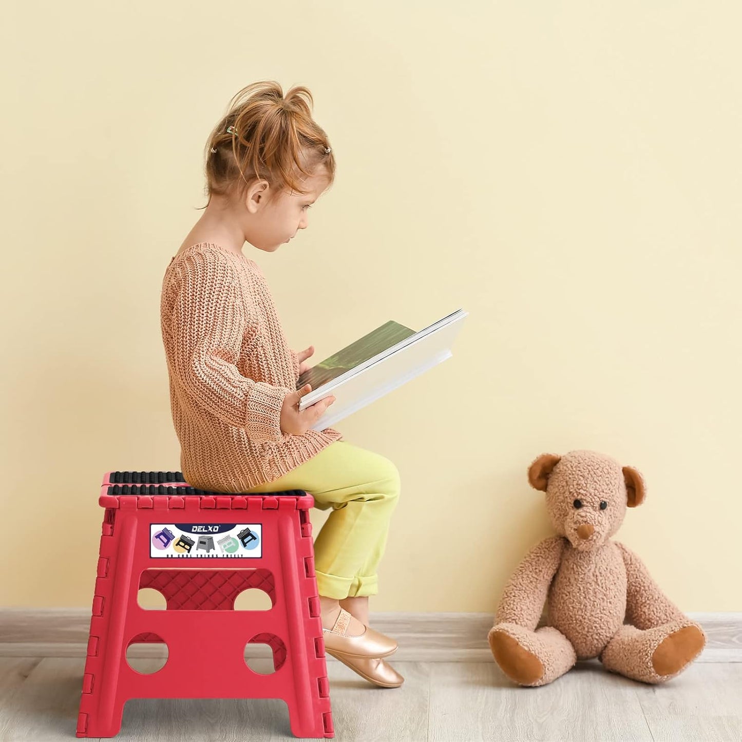 Delxo Folding Step Stool,Non-Slip Stool 13 inch Height Premium Heavy Duty Foldable Stool for Kids and Adults,Kitchen Garden Bathroom Steppingstool 1 Pack in Red,Dotted Texture