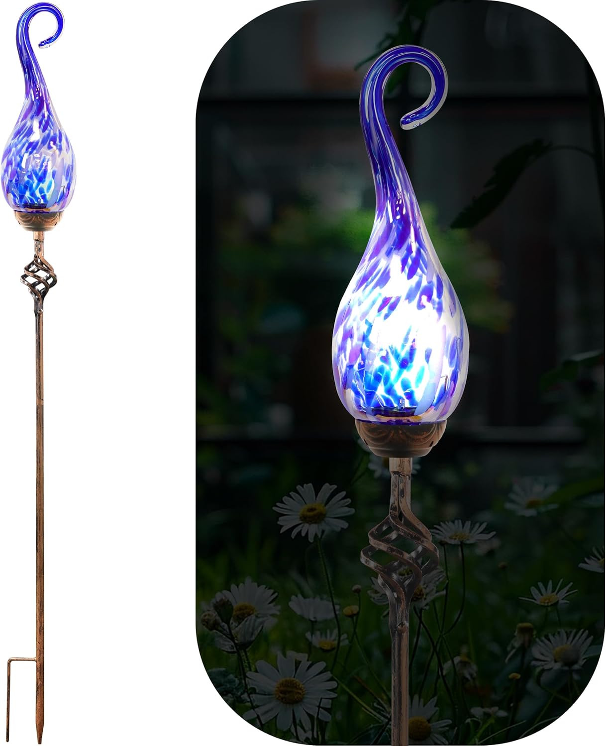 Garden Solar Lights Outdoor, Decorative LED Pearlized Glass Spiral Garden Stake with Finial, Hand Blown Glass and Metal Outdoor Decoration, 3 x 36 Inch (Dark Blue)
