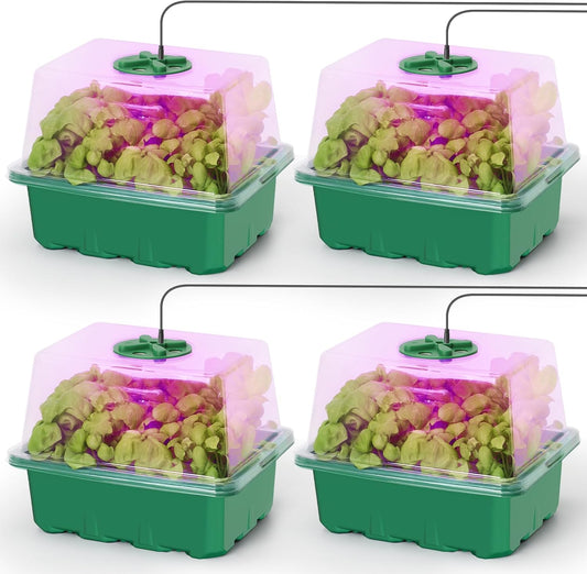 MIXC Seed Starter Kit with Grow Light, Elevated Seedling Tray Kit with Adjustable Humidity Dome and Clear Cell Tray, 12 Full Spectrum Led Beads for Seed Starting Greenhouse, 4 Pack, Green