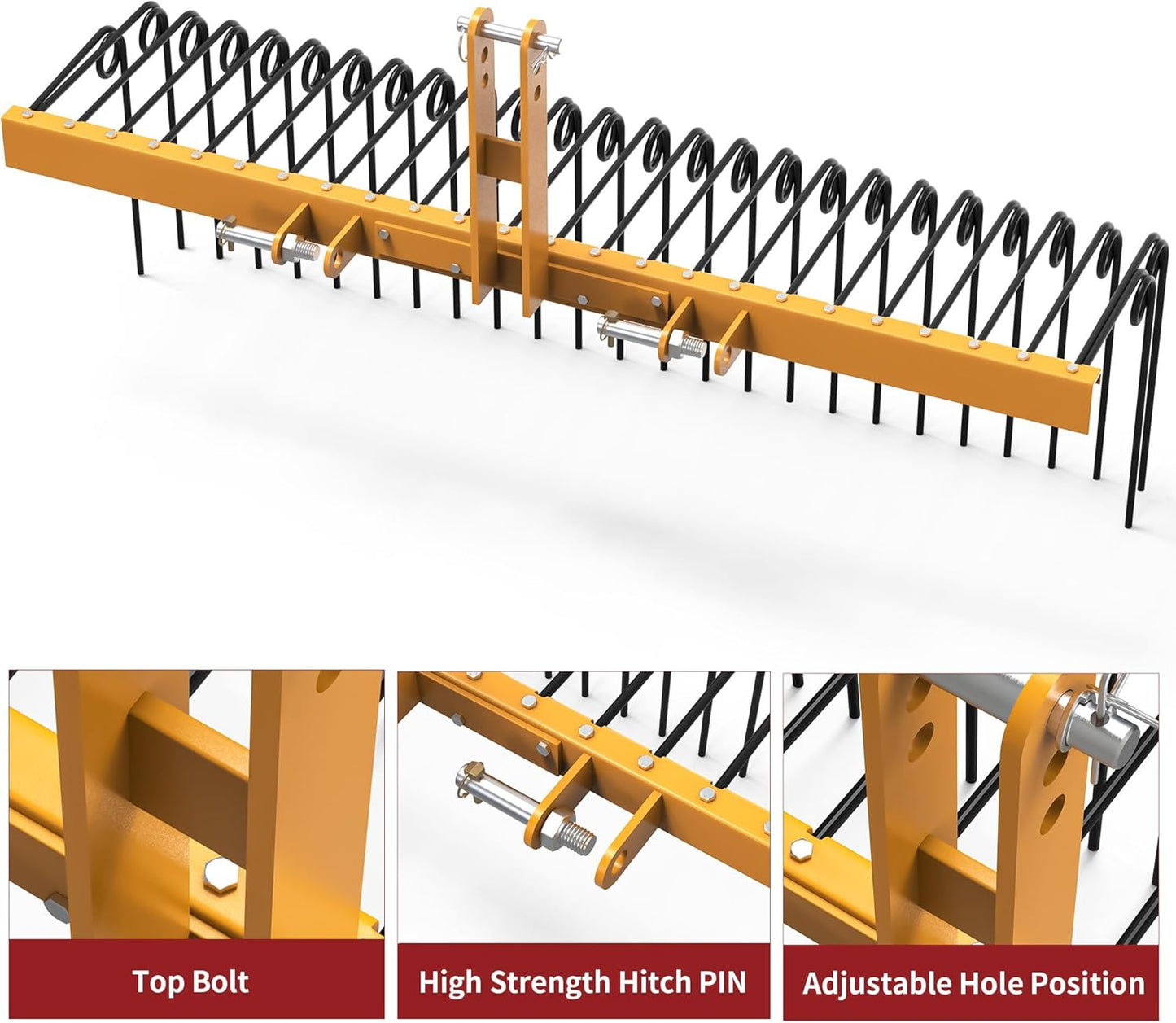YITAMOTOR 60" Durable Powder Coated Steel Pine Straw Rake Steel Spring Landscape Rake Attaches to Cat-0 Cat-1,3 Point Hitch for Tractor, Yellow