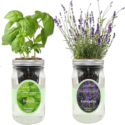 2-Pack Hydroponic Mason Jar Herb Garden Kit, Indoor Herb Garden Self-Watering Starter Kit (Basil,Lavender)