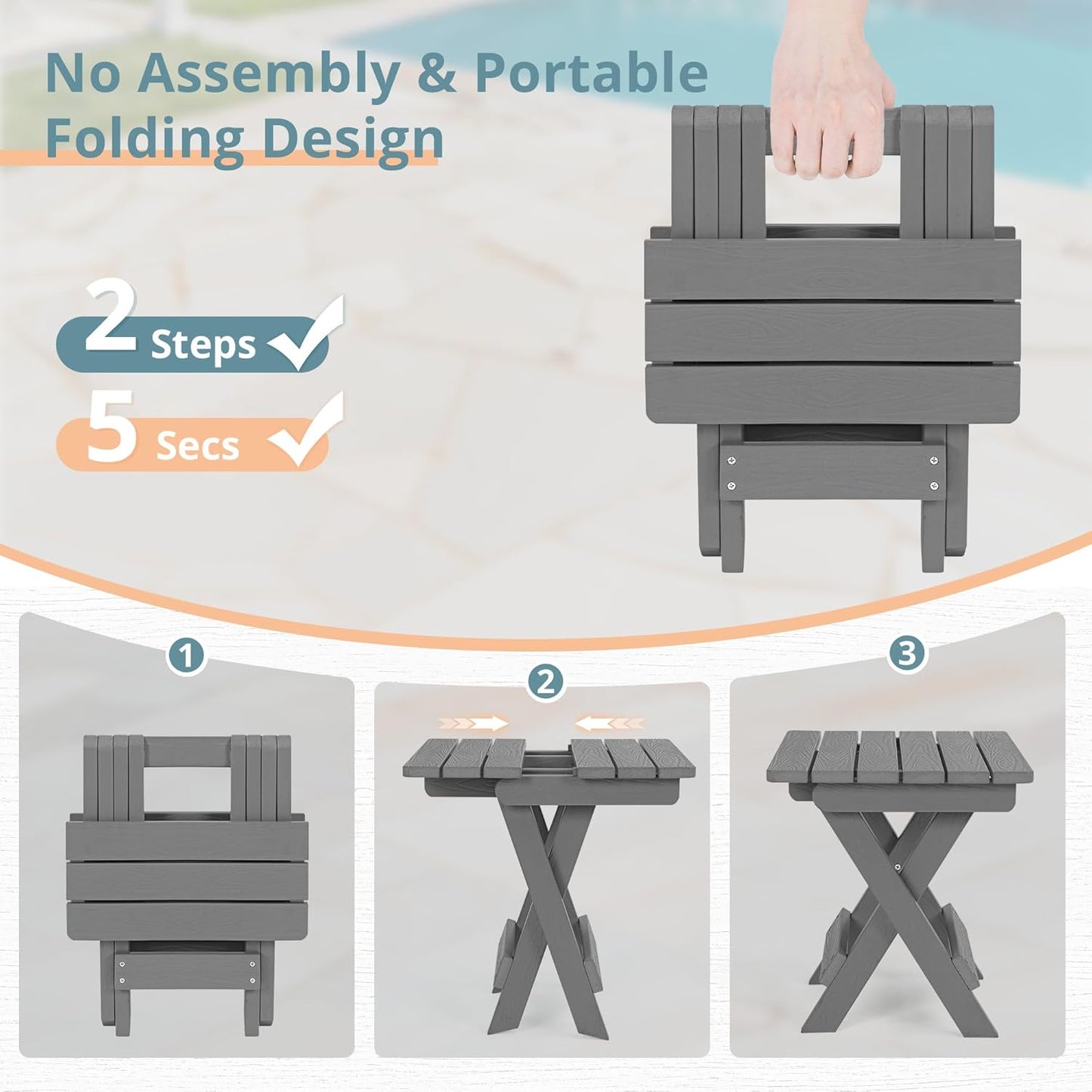 LUE BONA Small Outdoor Folding Side Table, HDPS Outside End Table for Patio, Porch, Deck, Pool, 14 Inch Height, Netural Grey