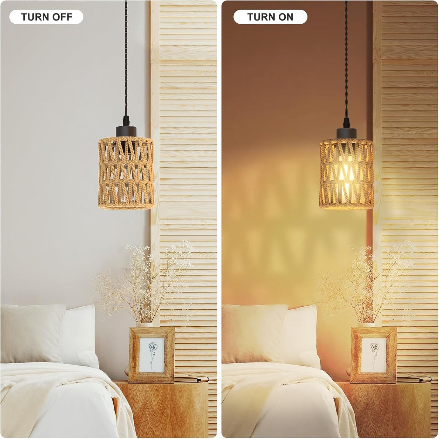 Farmhouse Hemp Rope Pendant Light - Rustic Hand-Woven Rattan Boho Hanging Light for Kitchen Island,Dining Room,Bedroom -Wicker Cage Chandelier-Coastal/Nautical Lighting Fixture Fixture(1Pack)