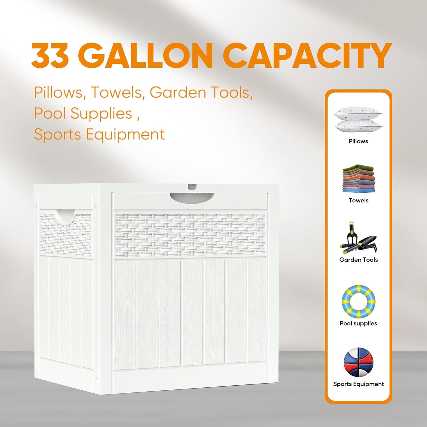 33 Gallon Resin Deck Box, Weatherproof Outdoor Storage Box for Patio, Garden and Yard, Lockable Waterproof Bin for Tools, Cushions, and Accessories, White