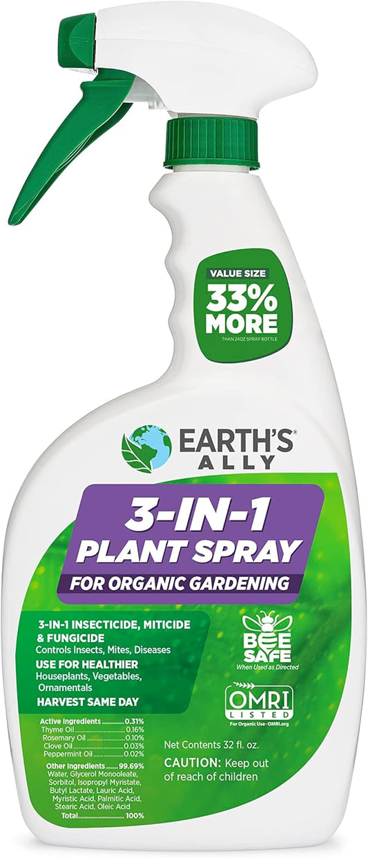 Earth's Ally 3-in-1 Plant Spray 32 oz | Safe & Organic Insecticide, Fungicide & Spider Mite Control, Use on Indoor Houseplants and Outdoor Plants, Gardens & Trees, Insect Repellent & Antifungal Use
