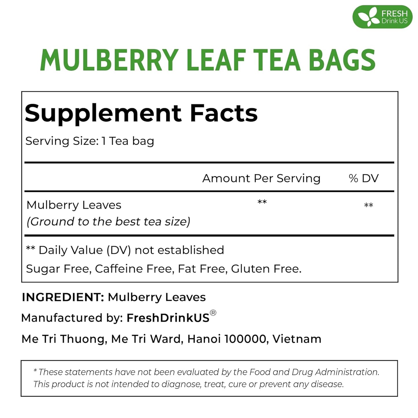 FreshDrinkUS Premium 75 Mulberry Leaf Tea Bags, 100% Natural & Pure. Loose Leaf Herbal Tea. Made with Natural Material Tea Bags. No Sugar, No Caffeine, No Gluten, Vegan