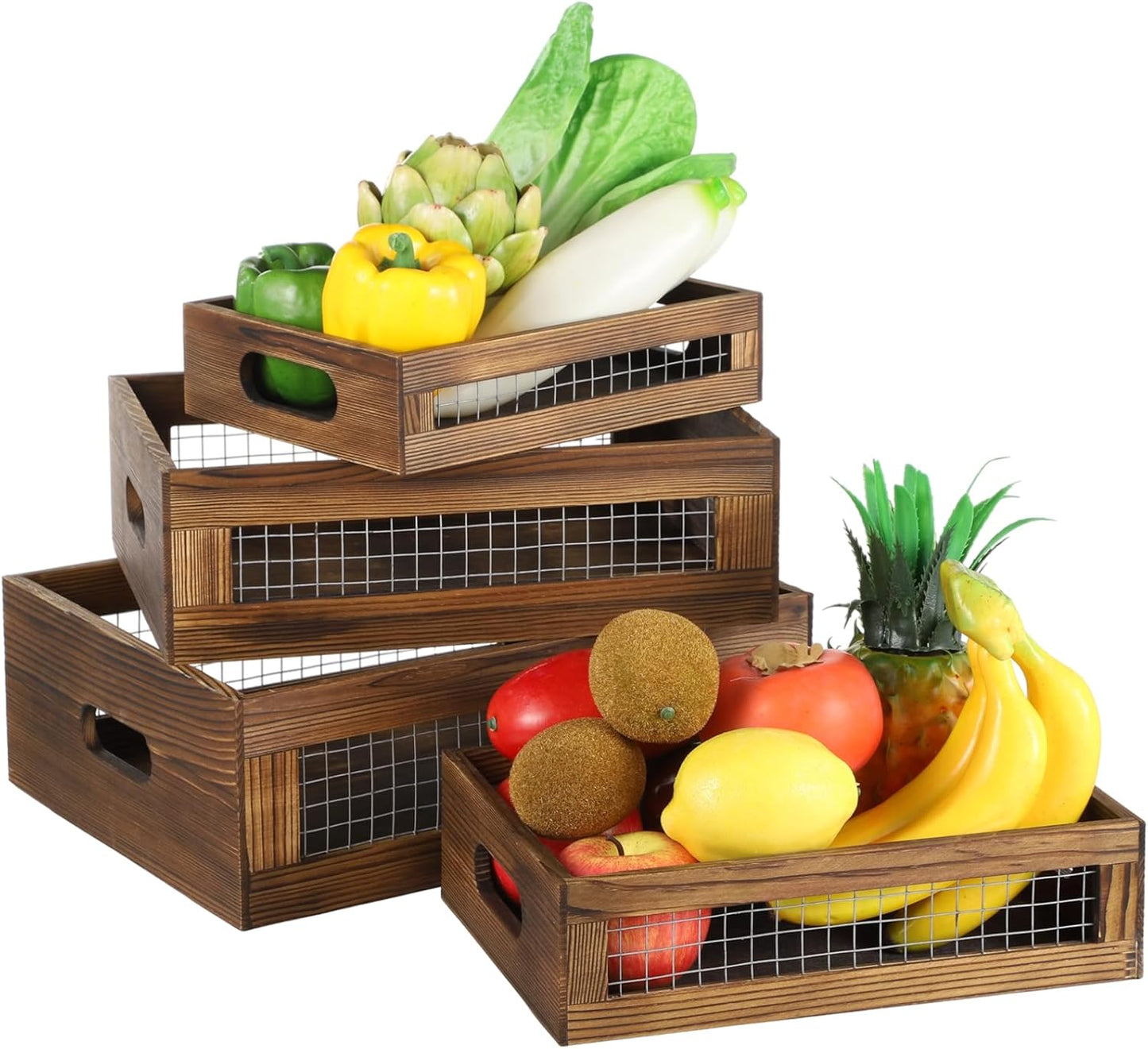 4 Pcs Wooden Nesting Countertop Baskets, 4-Size Rustic Storage Boxes, Wood Wire Containers with Handles, Multipurpose Decorative Organizer Crates for Fruits, Veggies, Kitchen, Pantry