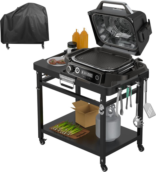 Grill Stand for Ninja Woodfire Outdoor Portable Prep Cart Table Station for Ninja XSKUNSTAND OG700 OG800 OG900 OO101 Series and Smoker Pizza Oven Accessories with Wheels & Grill Cover