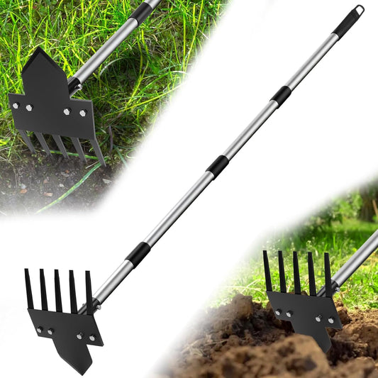 2-in-1 Hoe Garden Tools, 17-58" Weed Puller Tool with Long Handle, Heavy Duty Handle Garden Hoe and Weed Rake, Hoes for Gardening Yards Lawns Gardens Weeding