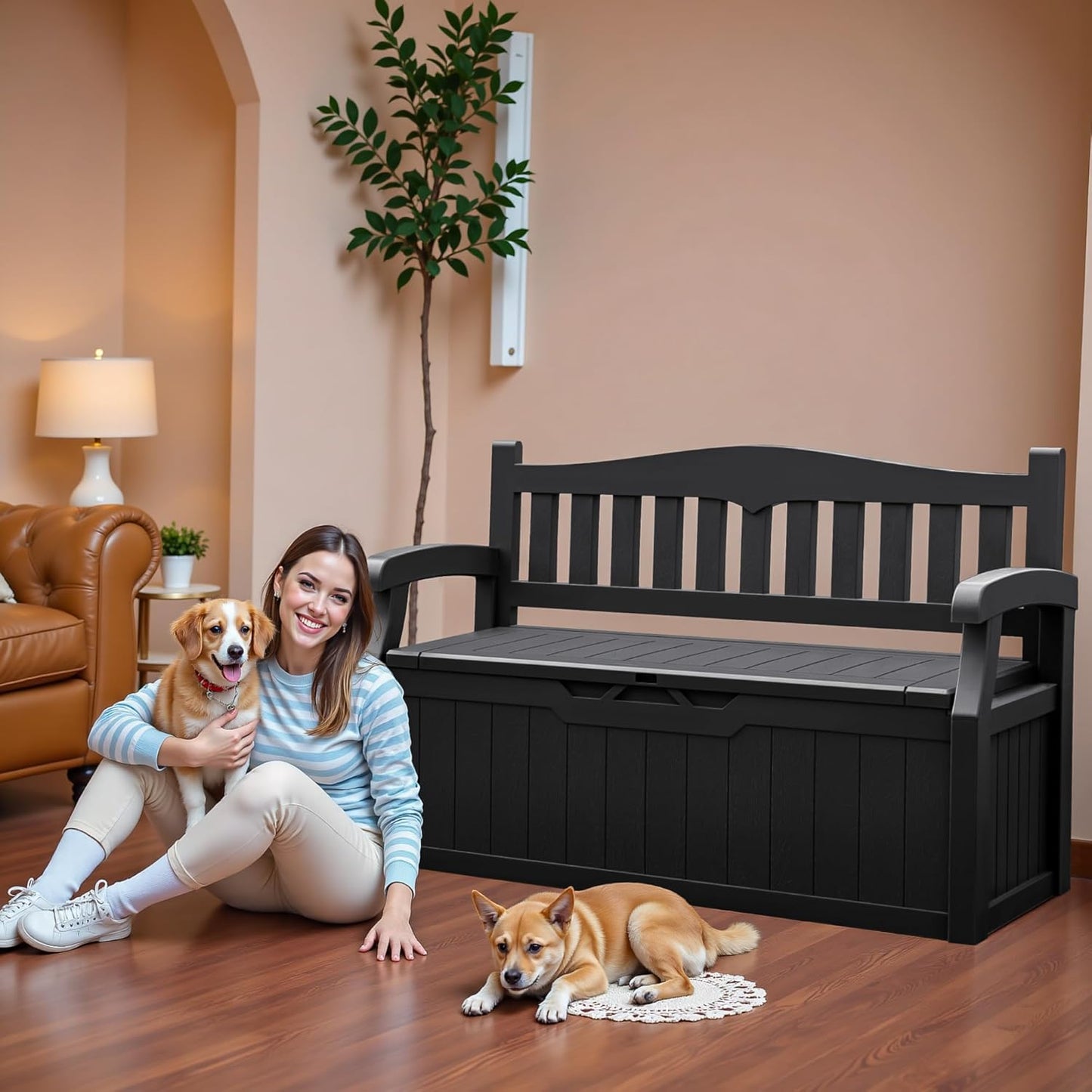 JUMMICO 80 Gallon Resin Outdoor Storage Bench, Large Deck Box with Armrest, Lockable & Waterproof for Garden, Home, Patio, Pools (Black)